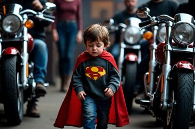 LITTLE BOY IN SUPERMAN CAPE WALKS INTO DINER BEGGING SCARY BIKERS TO PROTECT HIS COP DAD AT FUNERAL—